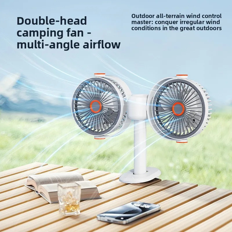 Dual Head Clip Fan USB Rechargeable Outdoor Camping Portable Desktop Small Fan Wide Angle Summer Two Person Quiet Air Cooler Kit