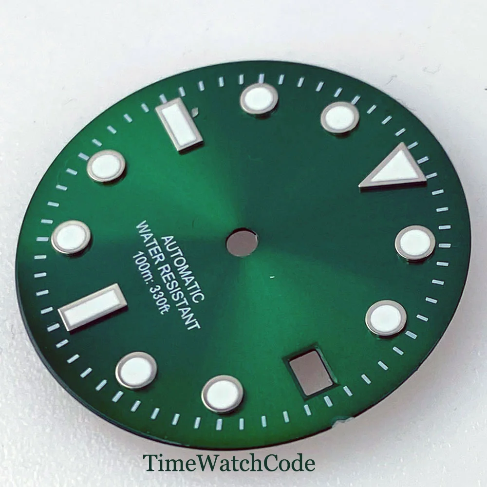 29mm Sunburst Finish Watch Dial Face Watches Hands Fit NH35 NH36 NH38 Movement Green Luminous Date Window Accessories