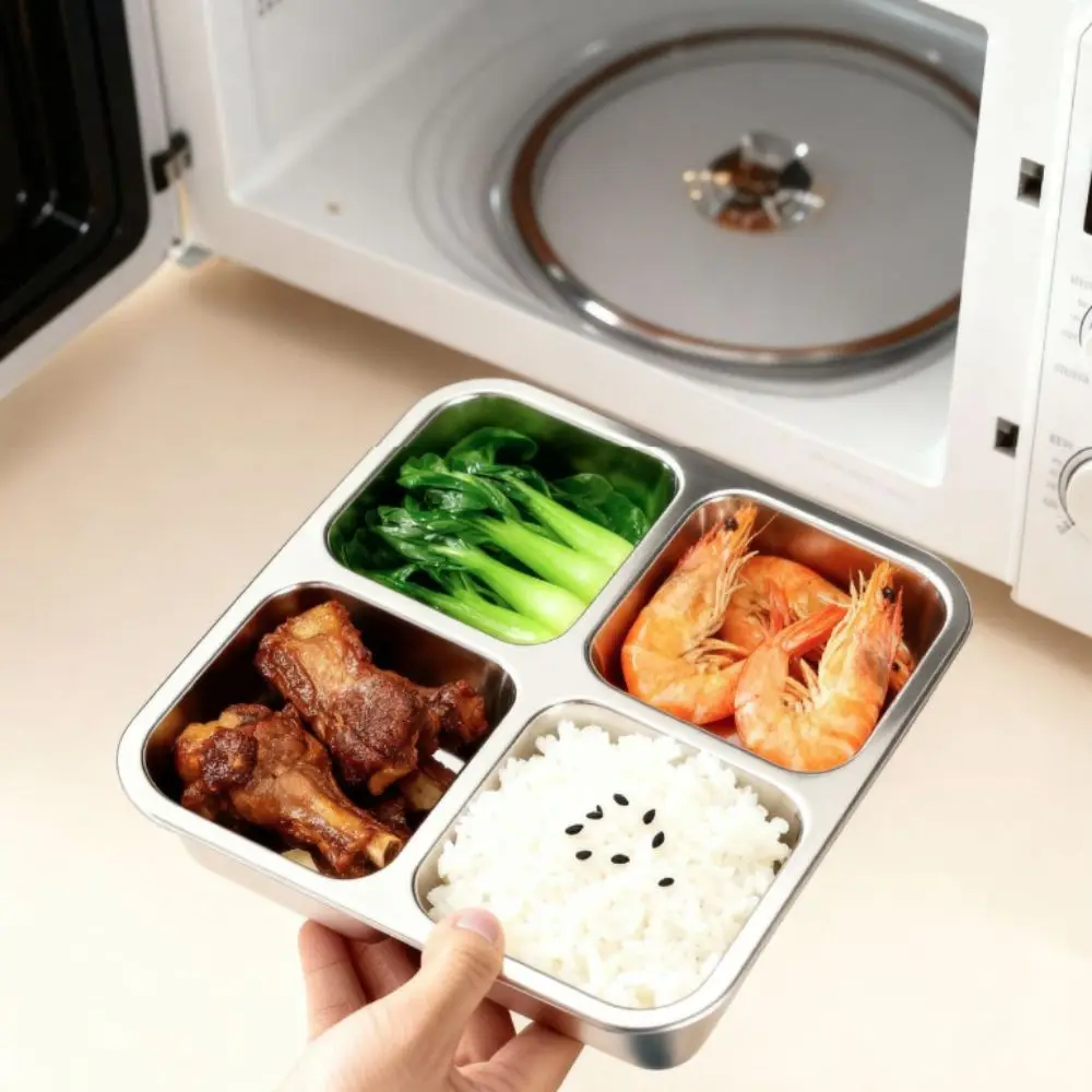Multifunctional Square 4 Grid Lunch Box 304 Stainless Steel Sealed Snack Box Leak-Proof Microwave-safe Student Meal Plate Kid