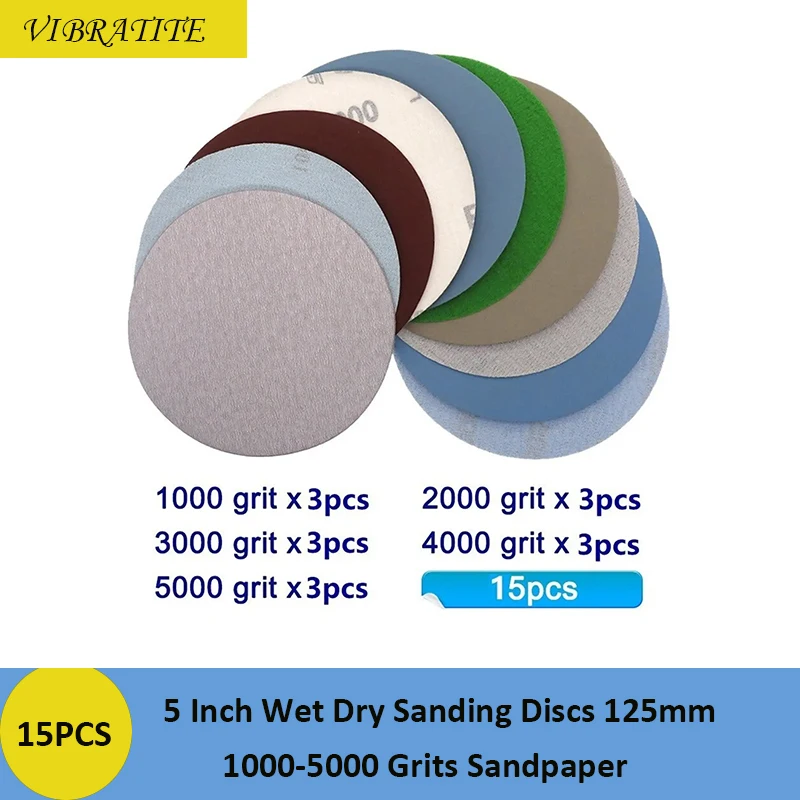 15PCS 5 Inch Sanding Discs Assorted 1000-5000 Grit  Wet & Dry Sandpaper 125mm Compatible for Random Orbital Sanders Polishing