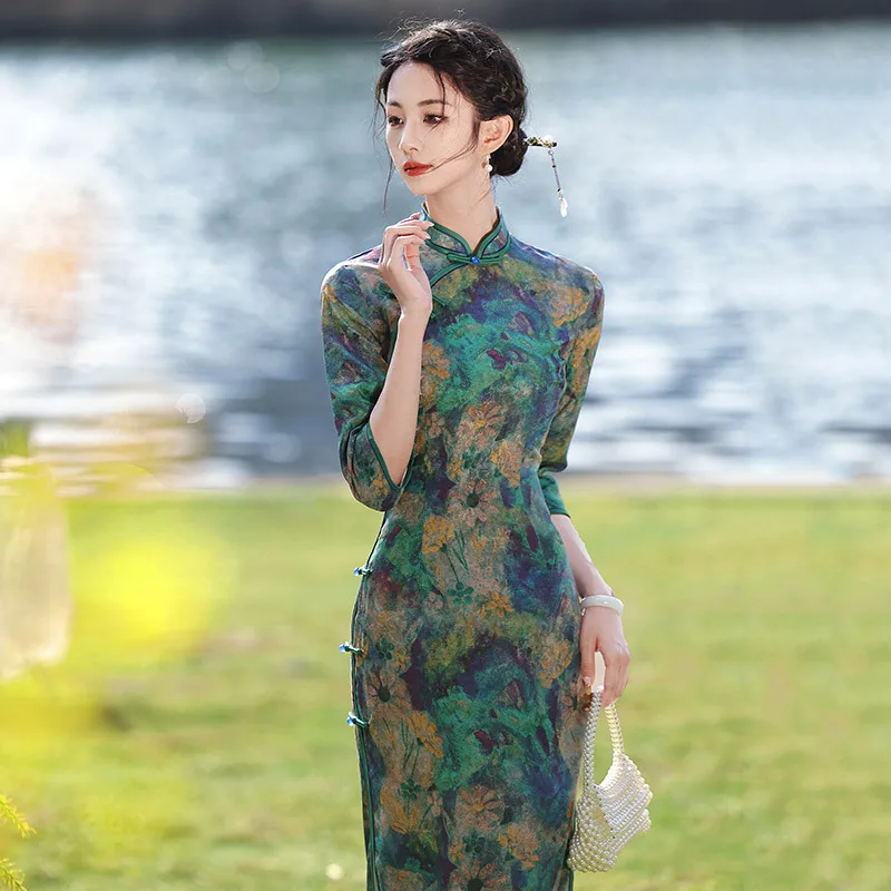 Yourqipao Summer Double-layer Long Improved Cheongsam Formal Retro Fashion Qipao Chinese Style Evening Dress for Women