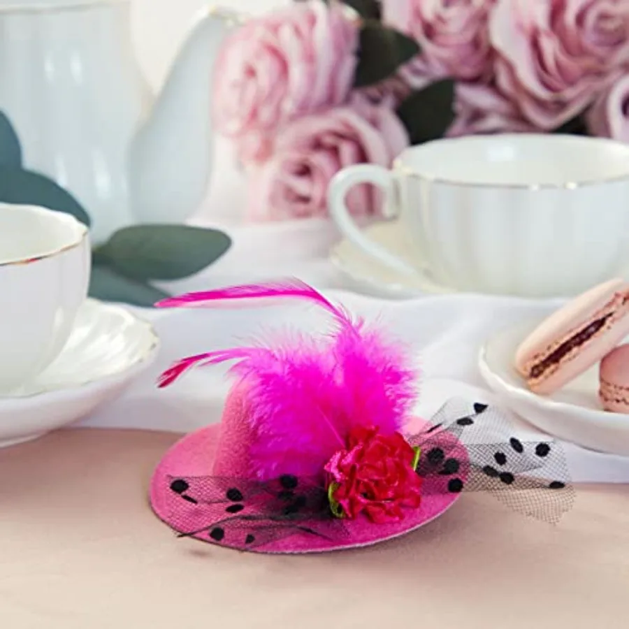 قبعات حفلات شاي Juvale للنساء - عبوة من 4 بوصات مكونة من 6 قطع زينة صغيرة متعددة الألوان مع أشرطة ريش وزهور أنيقة #3