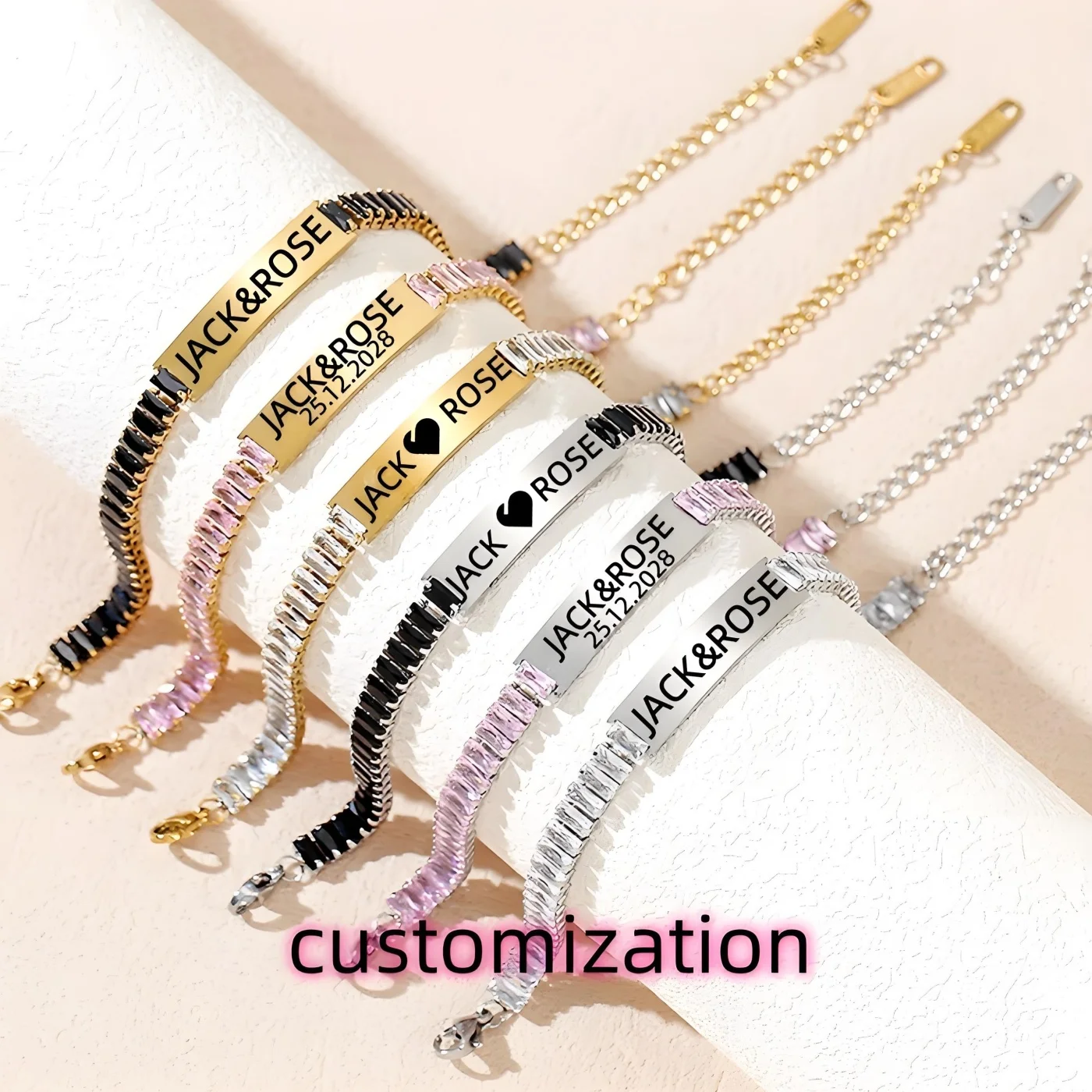 

Custom Stainless steel bracelets Tennis Bracelet with name ID Text Logo Personalized 18k gift women's Wedding souvenirs Jewelry