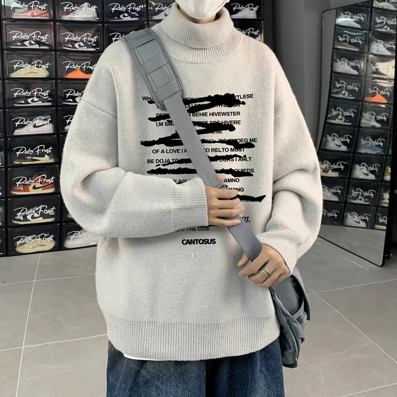 Suéteres masculinos de grandes dimensões outono camisola de malha branca gola alta 5xl carta impressão casual wear para homem pulôveres de malha roupas masculinas