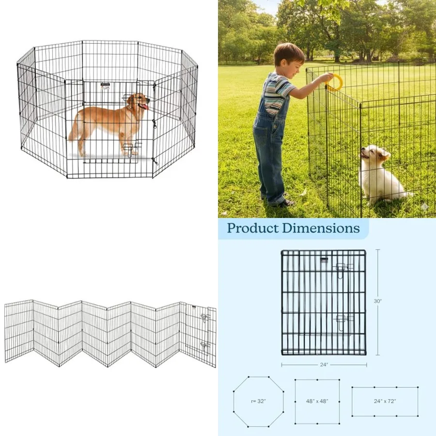 

Dog Playpen - Foldable Metal Exercise Puppy Play Pen with 8 24x30in Panels - Indoor/Outdoor Pen with Door for Dogs, Cats or Sma