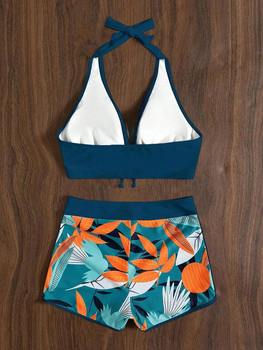 

Women Halter Neck Tie Strap Bikini Set Tropical Print Beach Swimwear