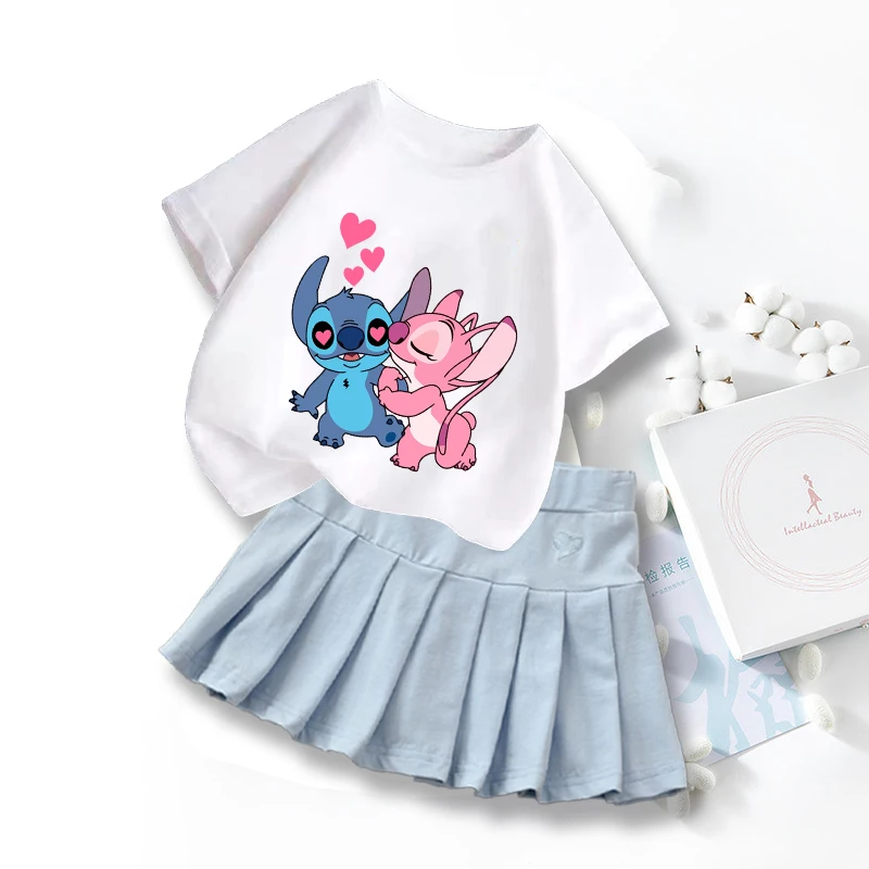 Disney Lilo&stitch Kids Girls Student Uniform Skirts T Shirt Pleated Culottes Child Summer Skirt with Inner Safety Pant Dress