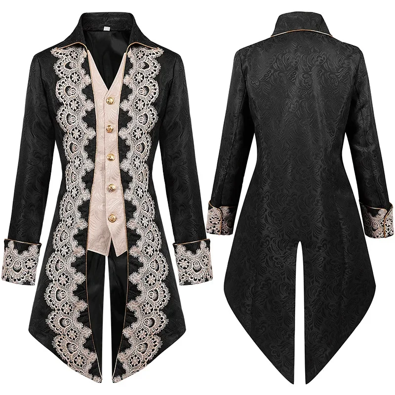 Mens Steampunk Vintage Embroidery Tailcoat Jacket Gothic Victorian Frock Coat Uniform Viking Renaissance Halloween Costume Homme