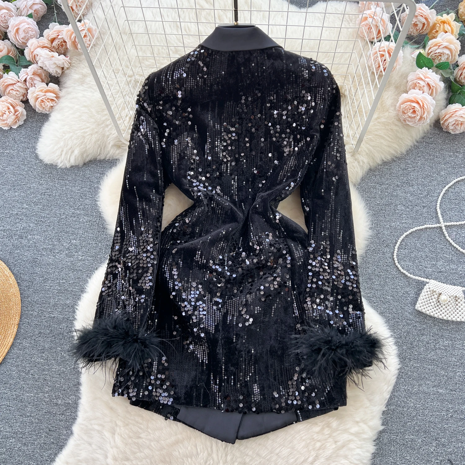 Luxury Business Sequined Suit Dress Ladies High-End Women's Pocket Double Breasted Long Furry Sleeve Slimming Mid-length Dresses