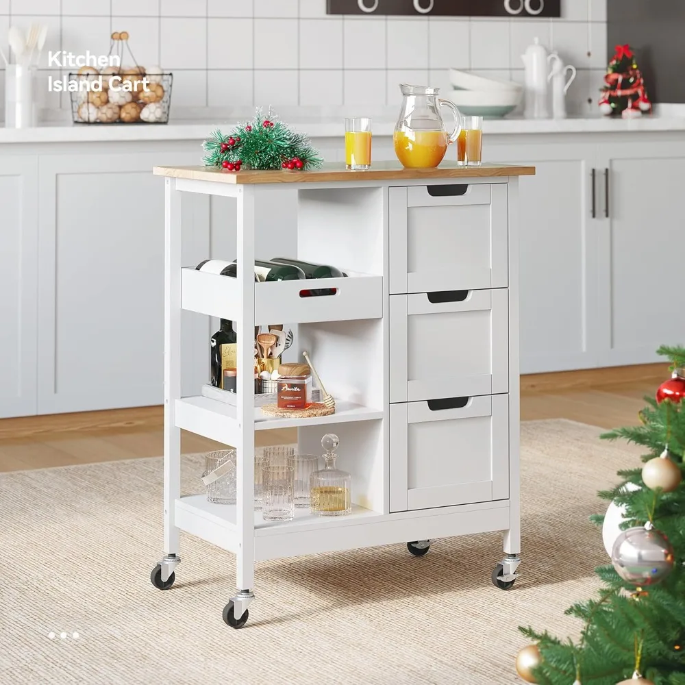 

Small Solid Wood Top Kitchen Island Cart on Wheels with Storage, Rolling Portable Dining Room Serving Utility Carts Mobile Mova