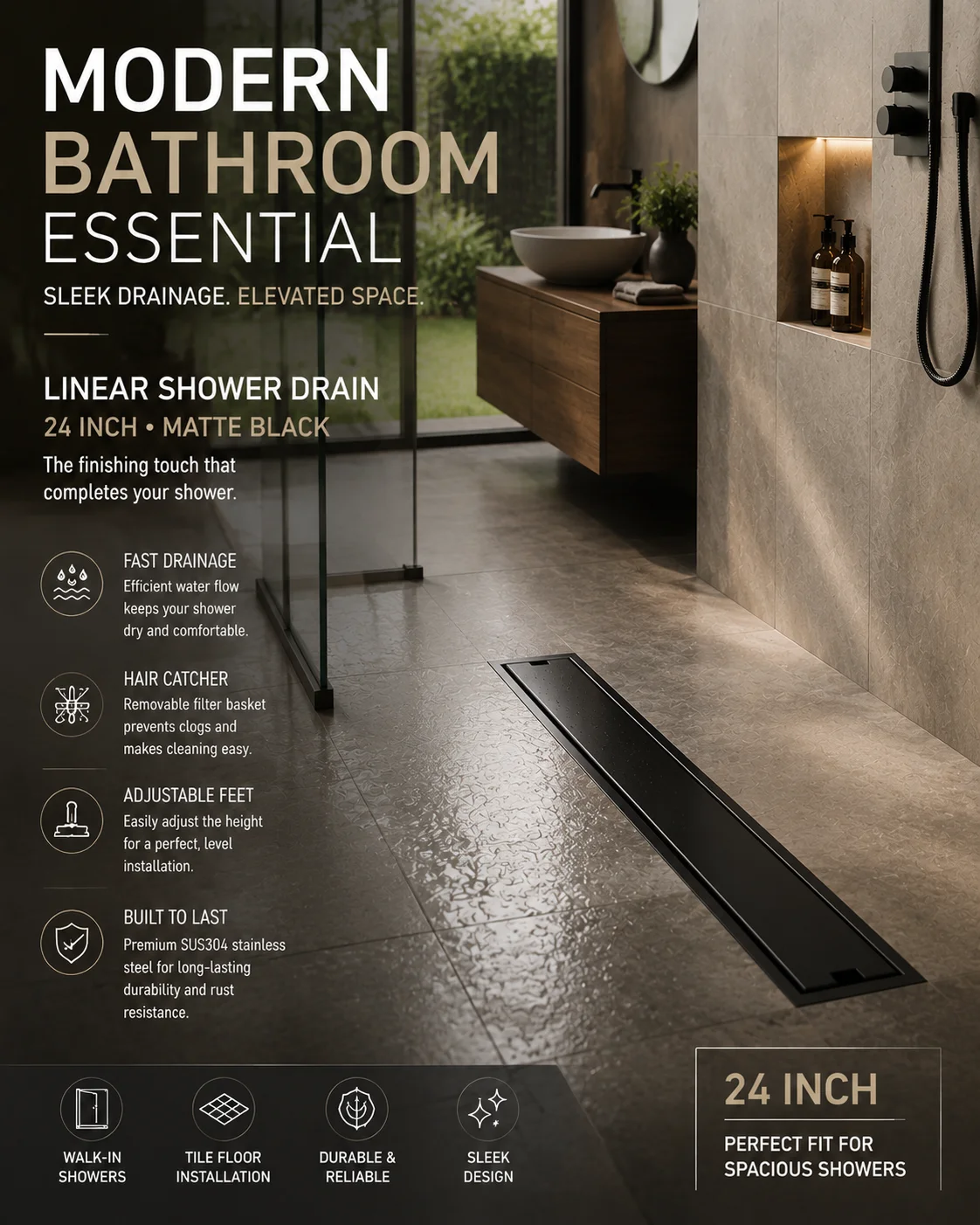 Linear Shower Drain Stainless 304 Tile In - APPASO 24 inch lineaire doucheafvoer, matzwart,