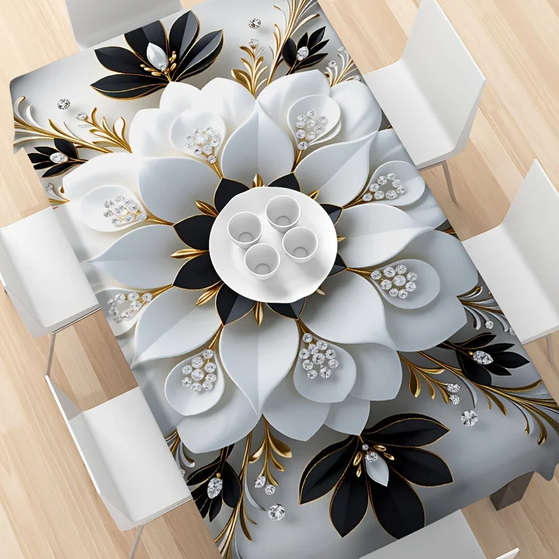 1pc luxurious black and gold floral tablecloth, polyester printed rectangular tablecloth.PMJ