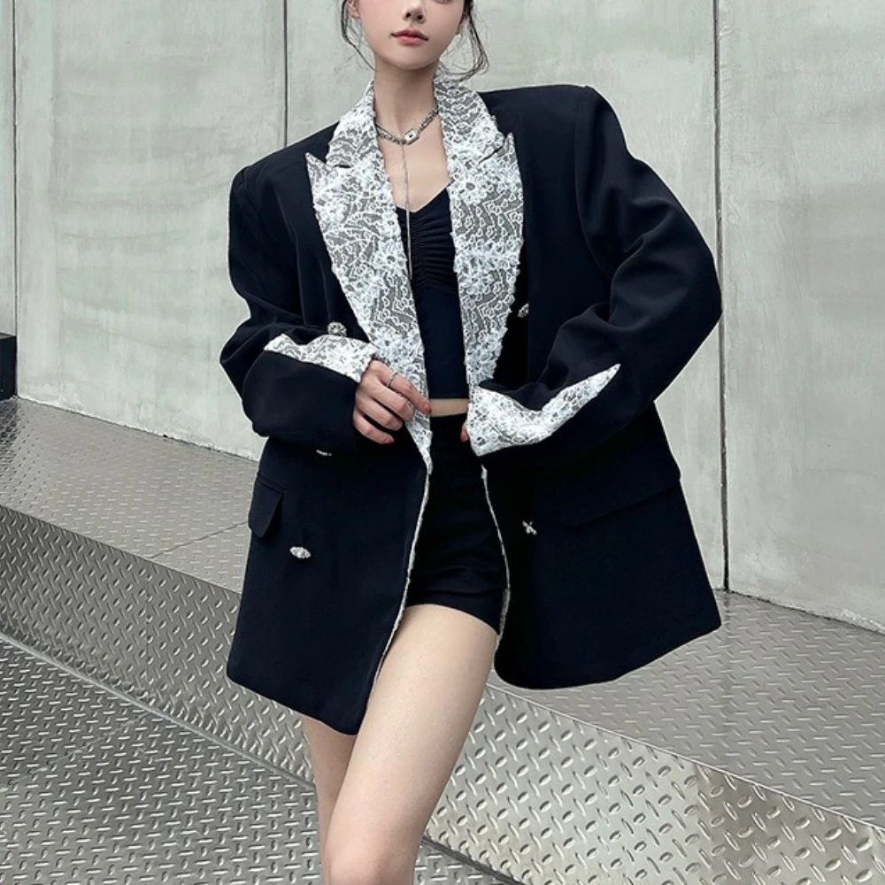 TWOTWINSTYLE Black Spliced Lace Elegant Jacket Female Lapel Long Sleeve Loose Casual Lazy Women's Jackets Autumn Fashion Style