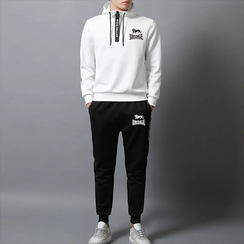 High Quality Mens Tracksuit Fashion Printing Zipper Neckline Hooded Sweatshirts+Pants Set Casual Outdoors Jogging Suit Clothing