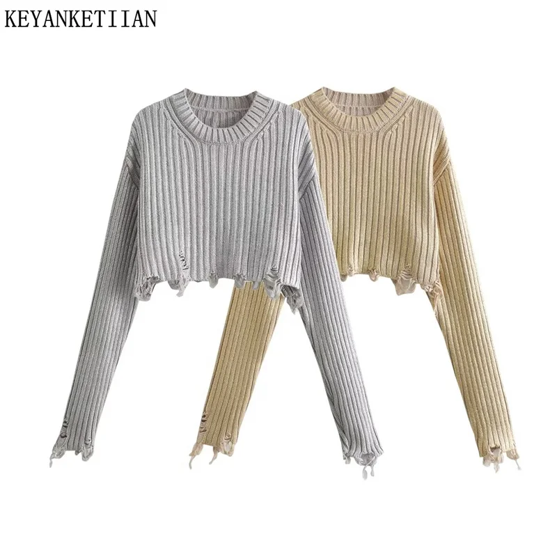 

KEYANKETIAN 2024 New Launch Women's Metallic-Coated Texture Ripped Sweater Street Style Short Knitted Top Female Crop Knitwear