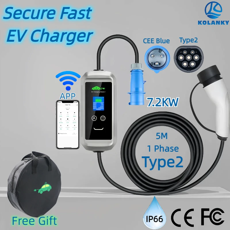 

Мобильное зарядное устройство для электромобилей 16A 7,2 кВт CEE Blue Type 2 IEC-62169 Стандартное приложение Bluetooth Wi-Fi Зарядка Электрический автомобиль Гибридные автомобили Кабель 5 м