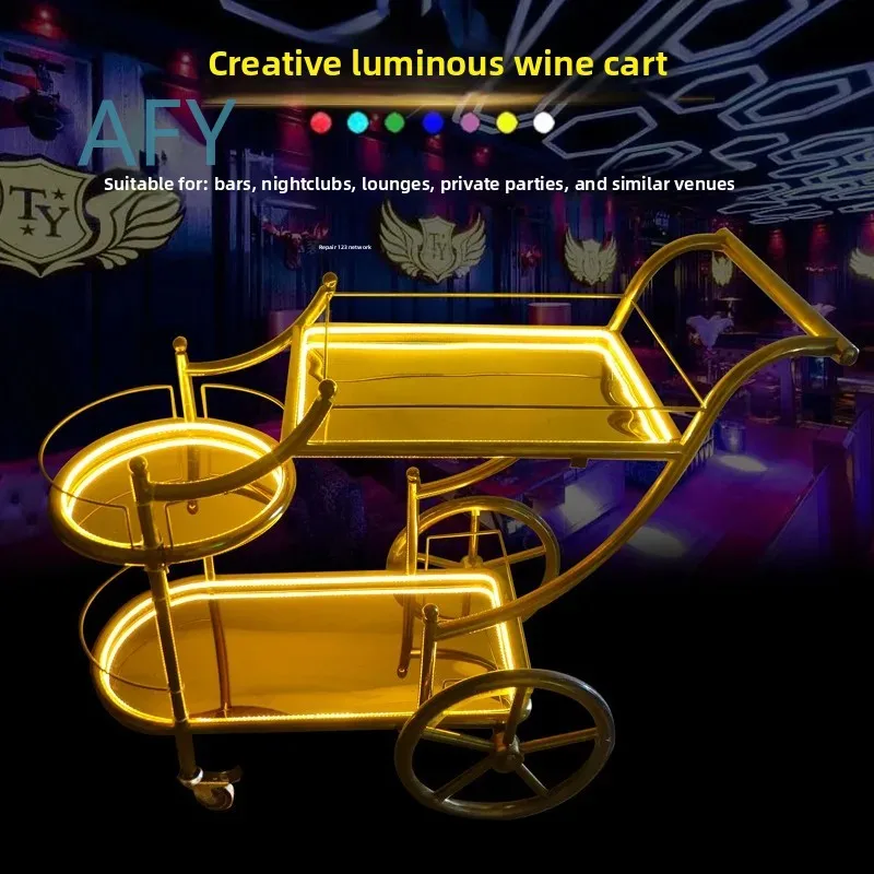 Luminous Wine Snacks Cart for Bar KTV Night Show Champagne Foreign Wine Hand Push Cake Food Trolley for Party Catering Mobile