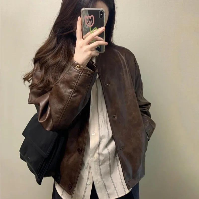 Women PU Leather Jacket Short Long Sleeve Stand Up Collar Retro Style Solid Single Breasted Trendy Coat Spring Autumn Fashion