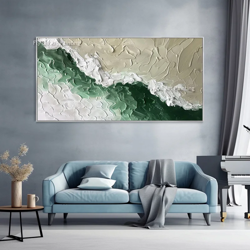 Green White Sea Side Knife Thick Oil Painting Handmade Sea Waves Ocean Scape Canvas Wall Art For Decor Modern Original Desgin