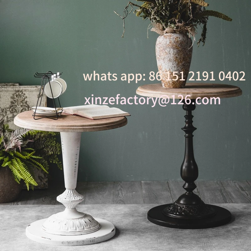 

Customizable wrought iron coffee shop small round table, casual balcony edge few solid wood retro old home table living room sma