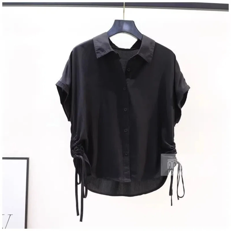 Drawstring Striped Street Casual Short Shirt Tops Summer New Short Sleeve Polo Neck Fashion Blouse Vintage Elegant Women Clothes