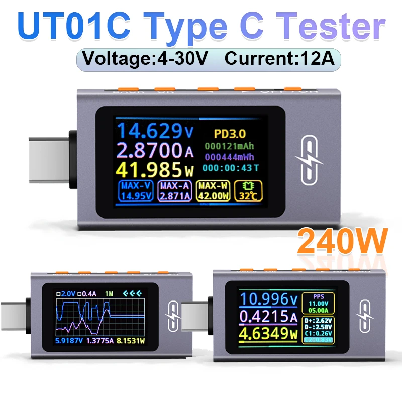 UT01C Type C Tester Voltmeter 4V-30V 12A Voltage Current Detection Meter HD IPS Display Type C PD3.1 Fast Charging Trigger Meter
