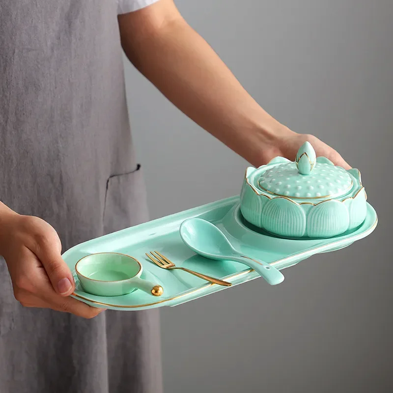 1 Set Hotel Phnom Penh Chinese Lotus Stew Cup Ceramic Steamed Egg Cup Soup Bowl Sweet Bowl Tableware Household Goods