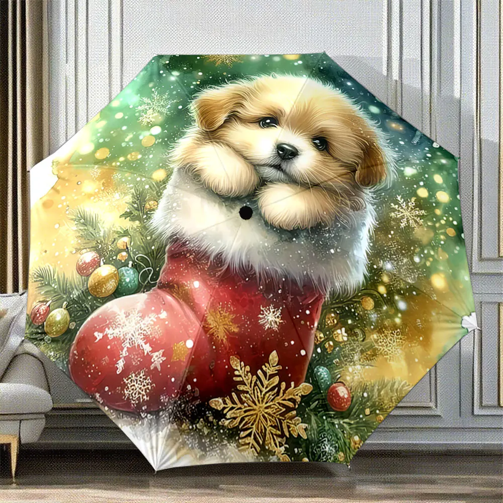 Cute Puppy in Christmas Stocking with Snowflakes Scene portable waterproof sun rain umbrella for outdoor travel beach