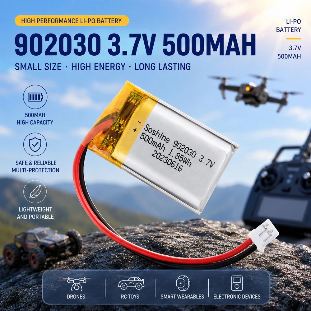 1-8Rechargeable Lithium-ion Polymer Batteries 902030 3.7V 500mAh, Suitable for LED Lights Bluetooth DIY Toy Wireless Devices Etc