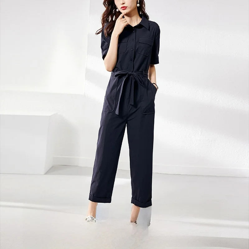 

Summer New Women's One-Piece Rer High Waist Wide Leg ort Sve Turn-down Collar Slimming Waist Faionable Personali