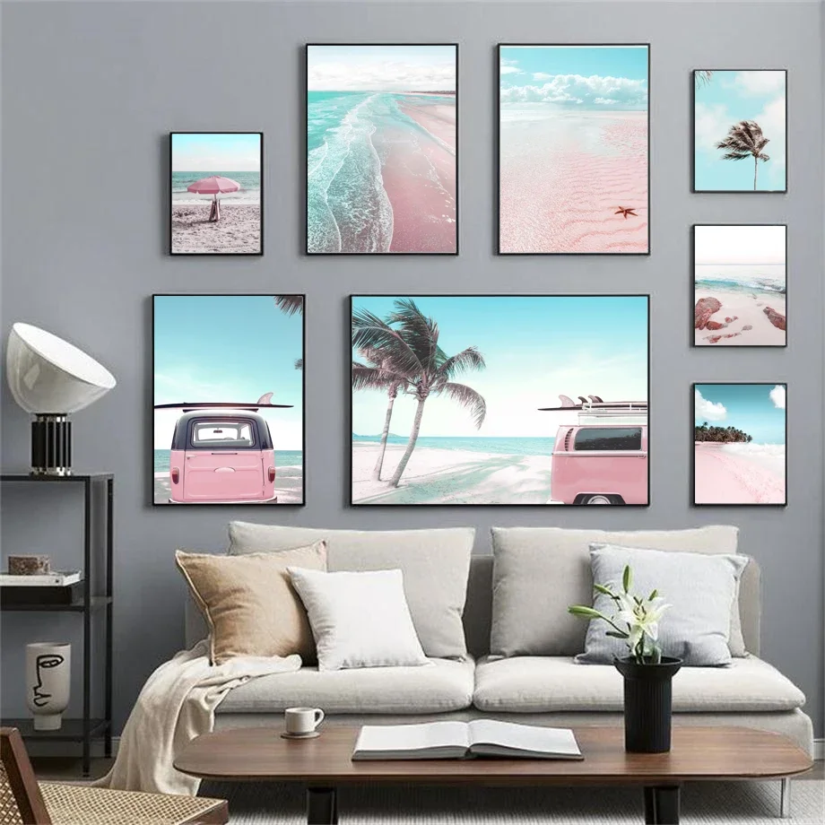 Sea Beach Pink Parasol Car Coconut Tree Wall Art Canvas Painting Nordic Posters And Prints Wall Pictures For Living Room Decor