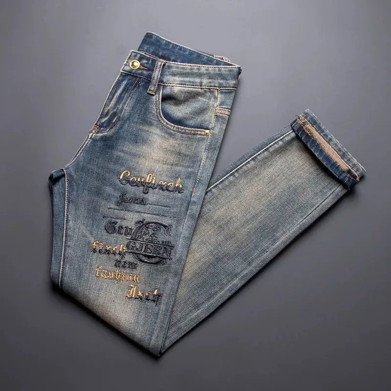 

New Spring/Autumn Fashion Trendy Printed American Retro Straight Leg Jeans Men's Casual Sports High Quality Stretch Denim Pants
