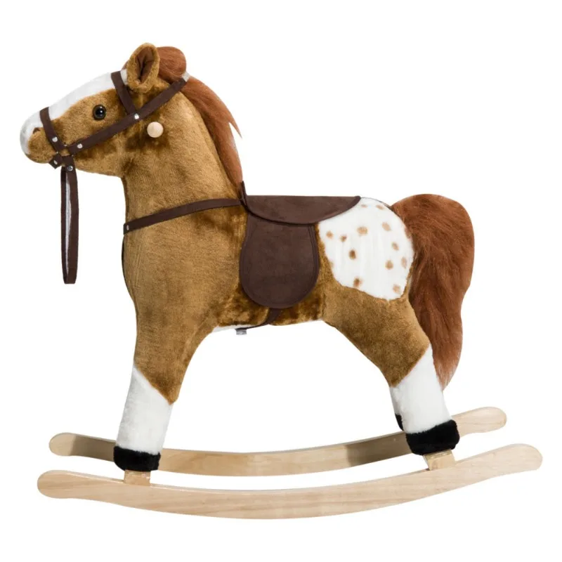 Brown Plush Rocking Horse for Kids Stuffed Ride On Toy with Wooden Base Realistic Horse Design Toddler Animal Rocker Chair