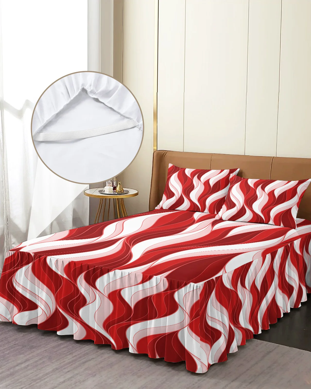 Red Ripple Abstract Lines Bed Skirt Elastic Fitted Bedspread With Pillowcases Bed Protector Mattress Cover Bedding Set Bed Sheet