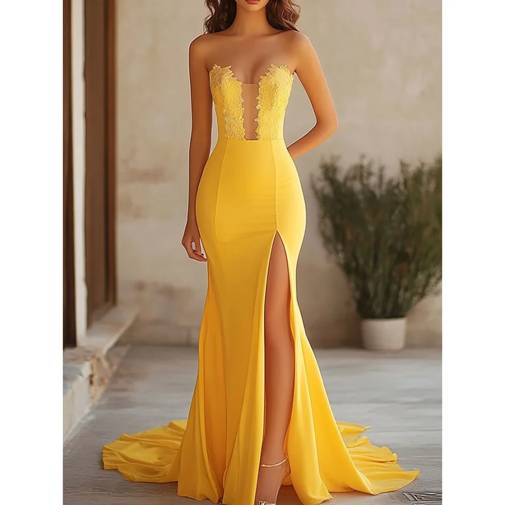 

Yellow Sweeteheart Sleeveless Cut Out Illusion Women Evening Dress Mermaid Side Split Floor Length Prom Party Gown