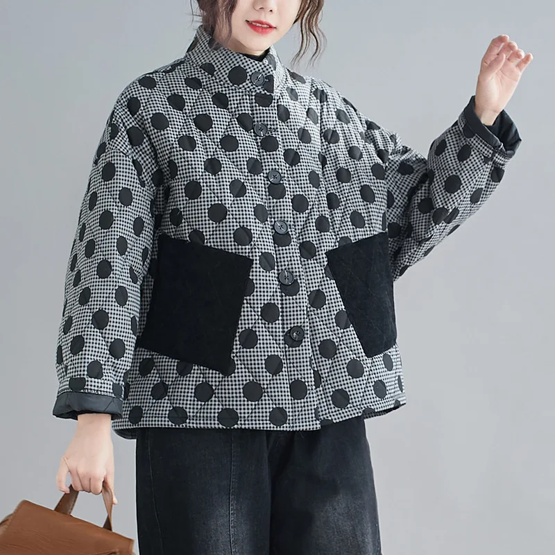 Parkas Women Short Coats Jackets Stand Collar Print Dot Thick Warm Y2k Streetwear Elegant Jacket Work Coat Autumn Winter 2025