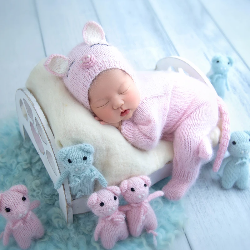 Newborn Knitted Angola Fuzzy Romper Baby Animal Outfit Photography Props Baby Cartoon Wolf Footed Overall Sets Photo Props