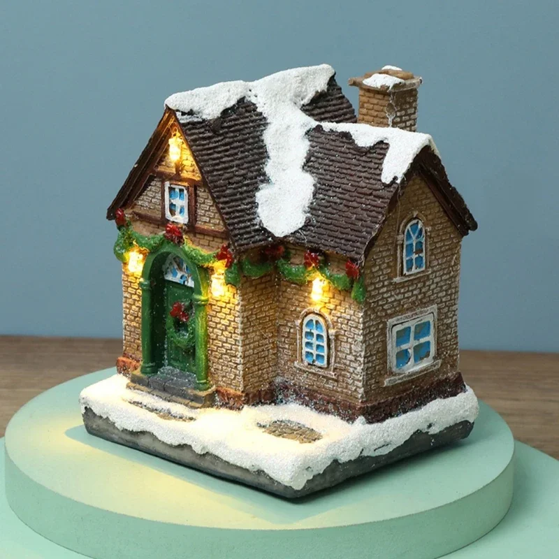 Christmas Resin LED Light House Luminous Snow House Sculpture Ornaments Xmas Small Village House New Year Decor Kids Gift