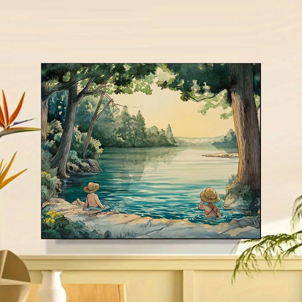 الأطفال في نهر محاط بأوراق الشجر المائية قماش الفن المبتدئين الكبار دهانات يدوية بالأرقام مجموعة بدون إطار #3