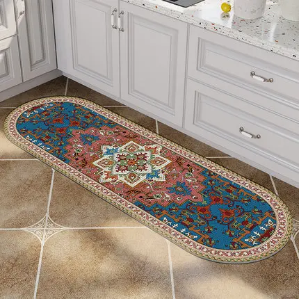 Oval Carpet for Kitchen, Non-Slip, Waterproof, Oil-Proof, Leather Flower Mat