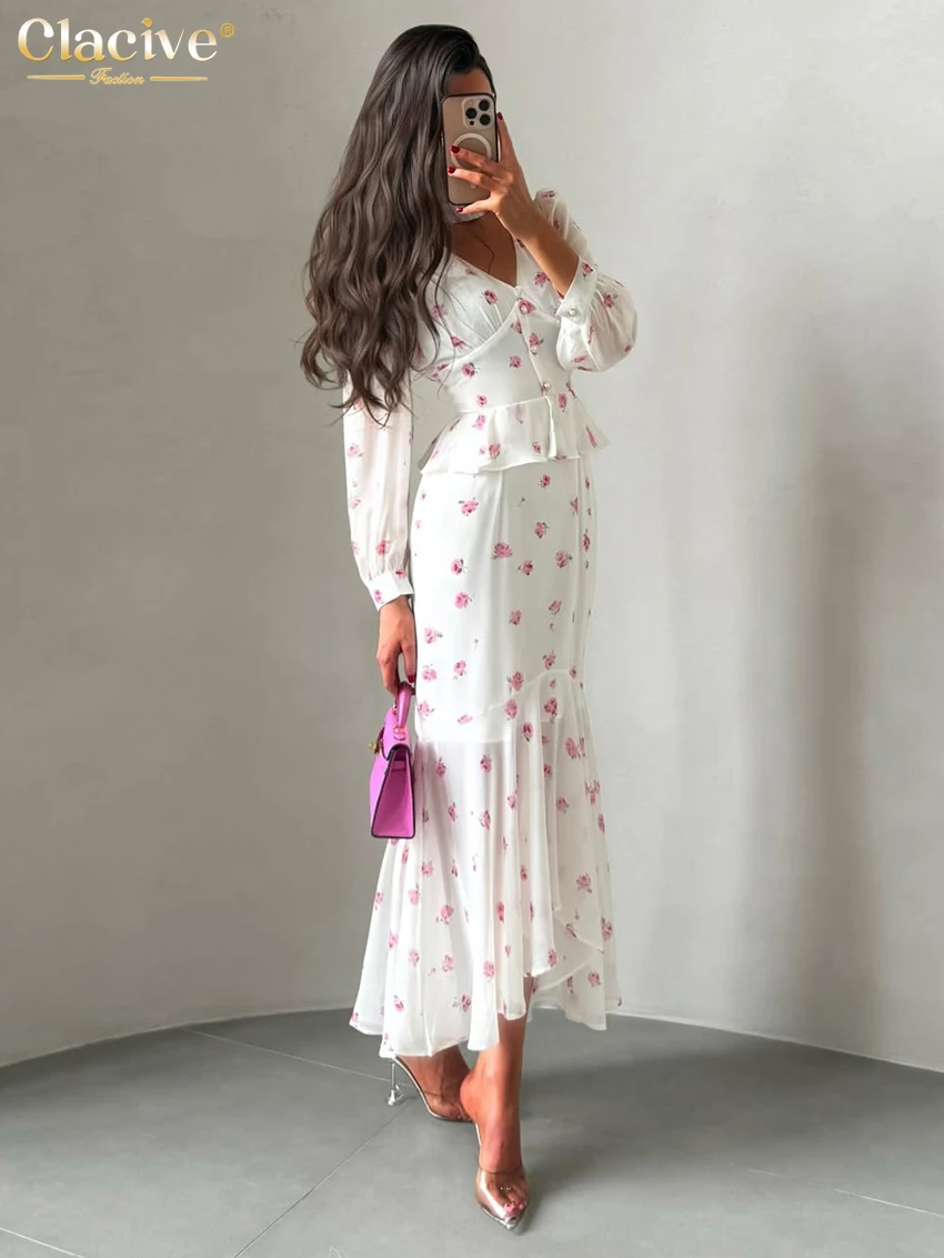 Clacive Fashion Slim Print Women's 2-Piece Set 2026 Elegant Long Sleeve Crop Shirt With High Waist Pleated Long Skirt Set Female