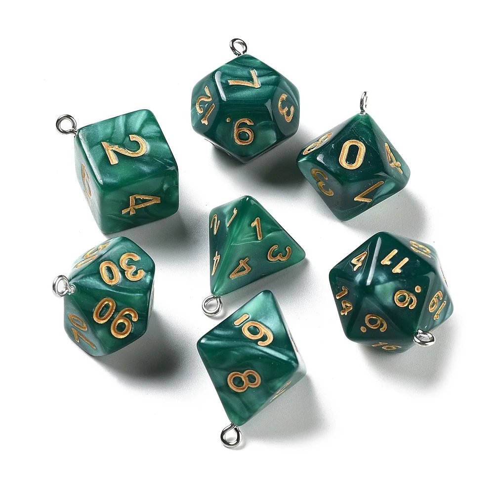 7pcs Polyhedral Dice Resin Pendant Set Mix Shapes Multi-Sided Dice Charms Constellation Divination Jewelry Craft Making Supplies