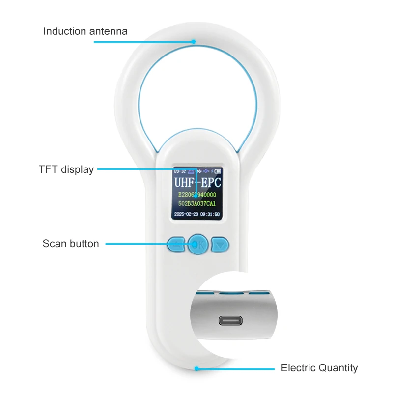 Ręczny czytnik UHF Przenośny skaner tagów RFID 2,4G z wyjściem USB BT Obsługuje system Android Windows