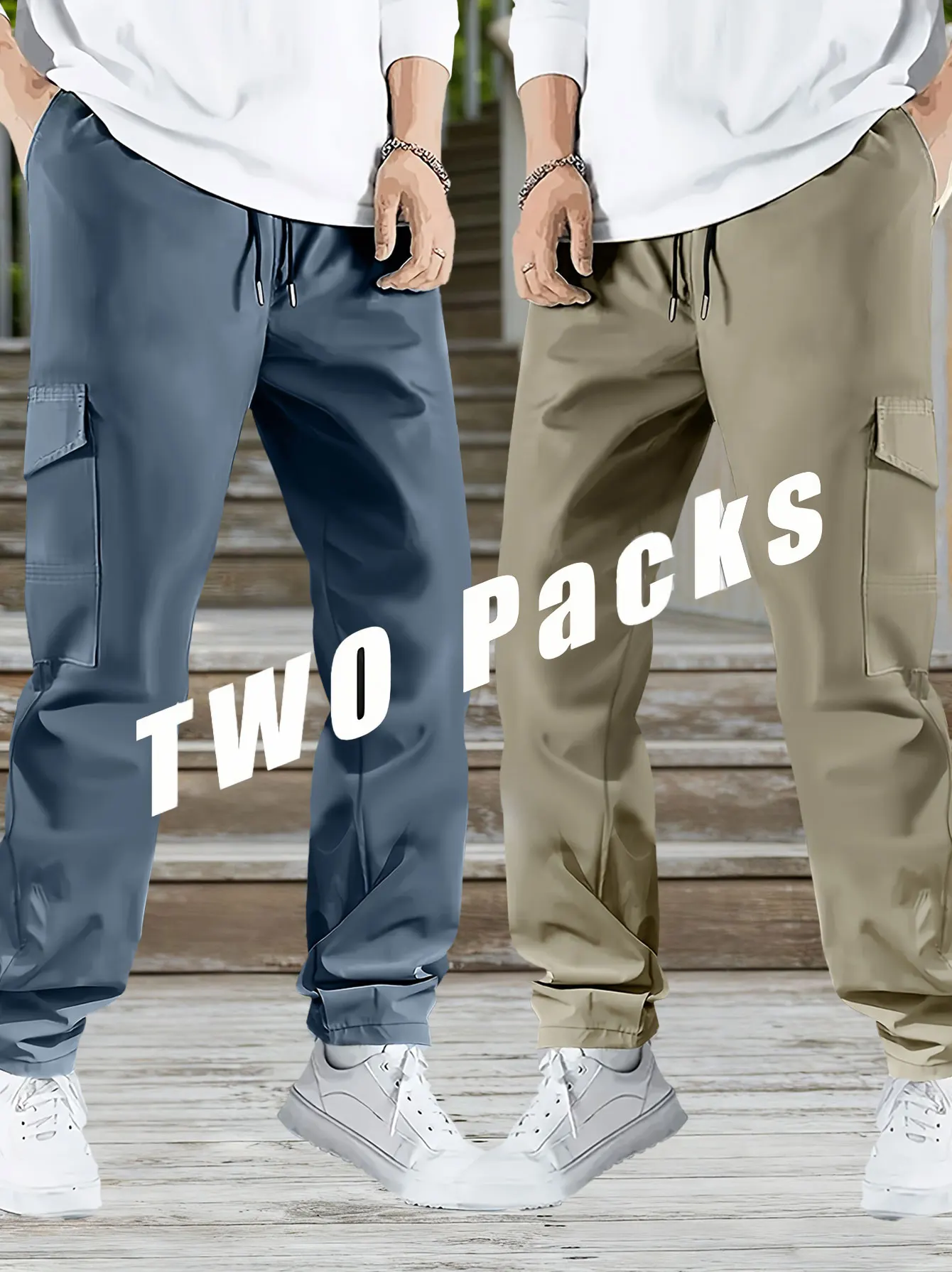 2-Pack Men's Plus Size Outdoor Cargo Pants, Elastic Drawstring Waist, 3D Cut