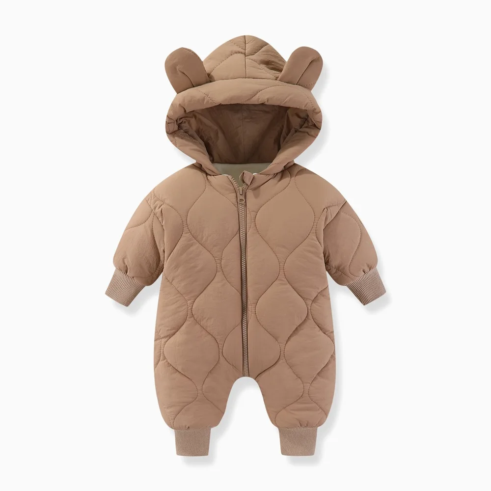 Winter Baby Boys Jumpsuit Cotton Padded Solid Cartoon Ears Hooded Infant Boys Rompers Thickened Quilted Toddler Boy Parkas