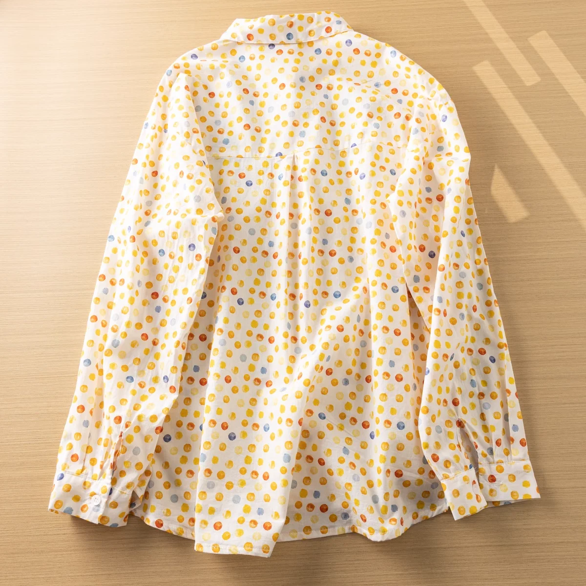 100% Cotton yarn yellow polka dot shirts and blouses for women long sleeve tops autumn spring Japan style pocket patch shirts