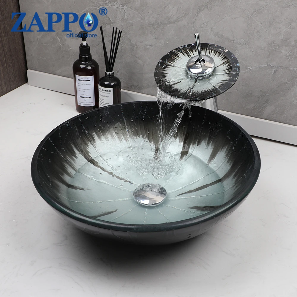 ZAPPO Tempered Glass Bathroom Sink Washbasin Chrome Round Basin Faucet Combo Above Counter Vessel Sinks for Bathrooms 