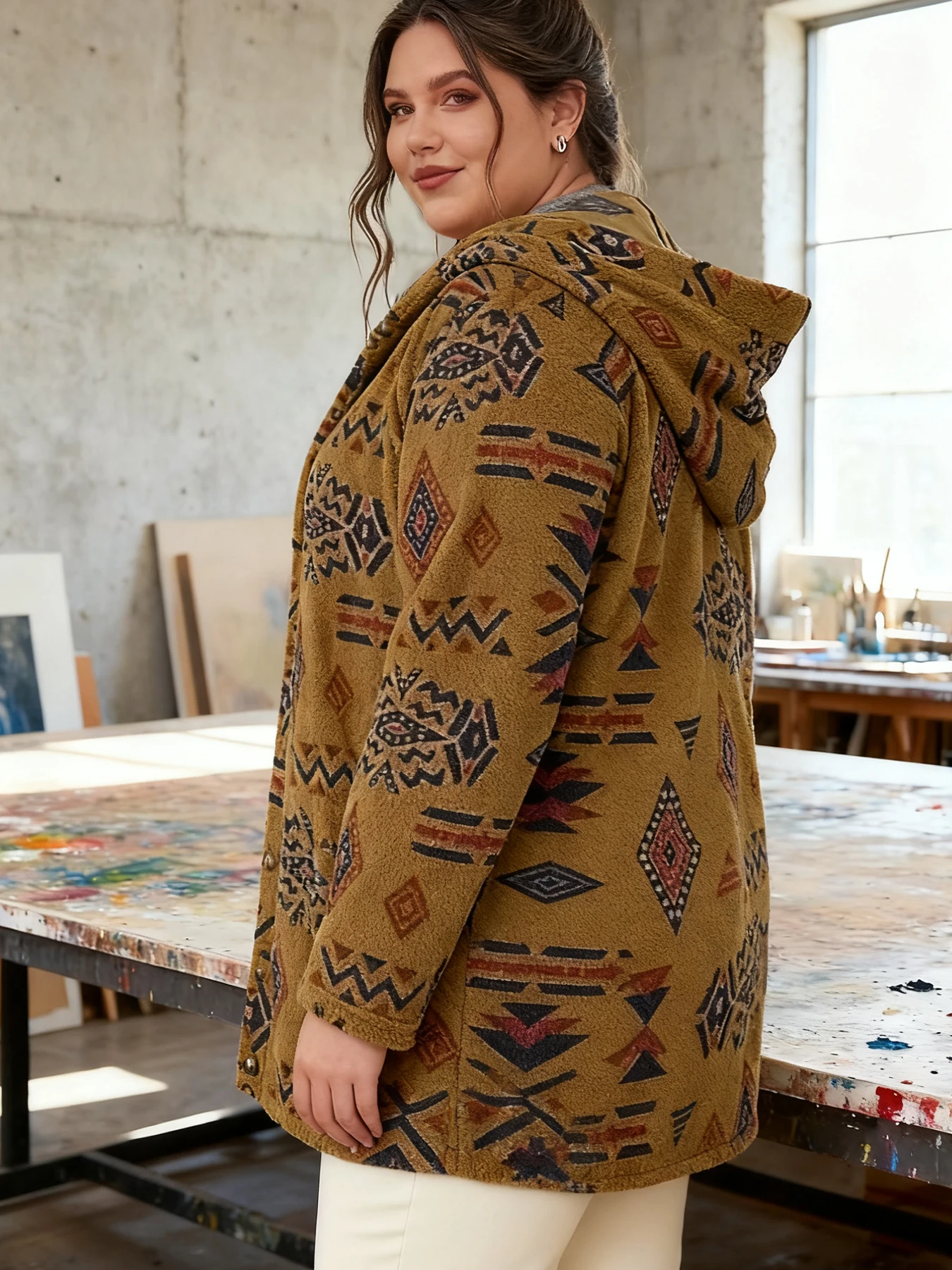 Plus Size Women Vintage Aztec - Fleece Hoodie Lined 评论和价格