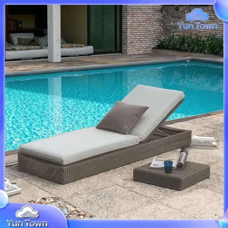 Wicker Chaise Lounge Chair for Outdoor Patio Garden Pool Hotel Use Adjustable Reclining Cushion Durable Rattan Furniture Sun