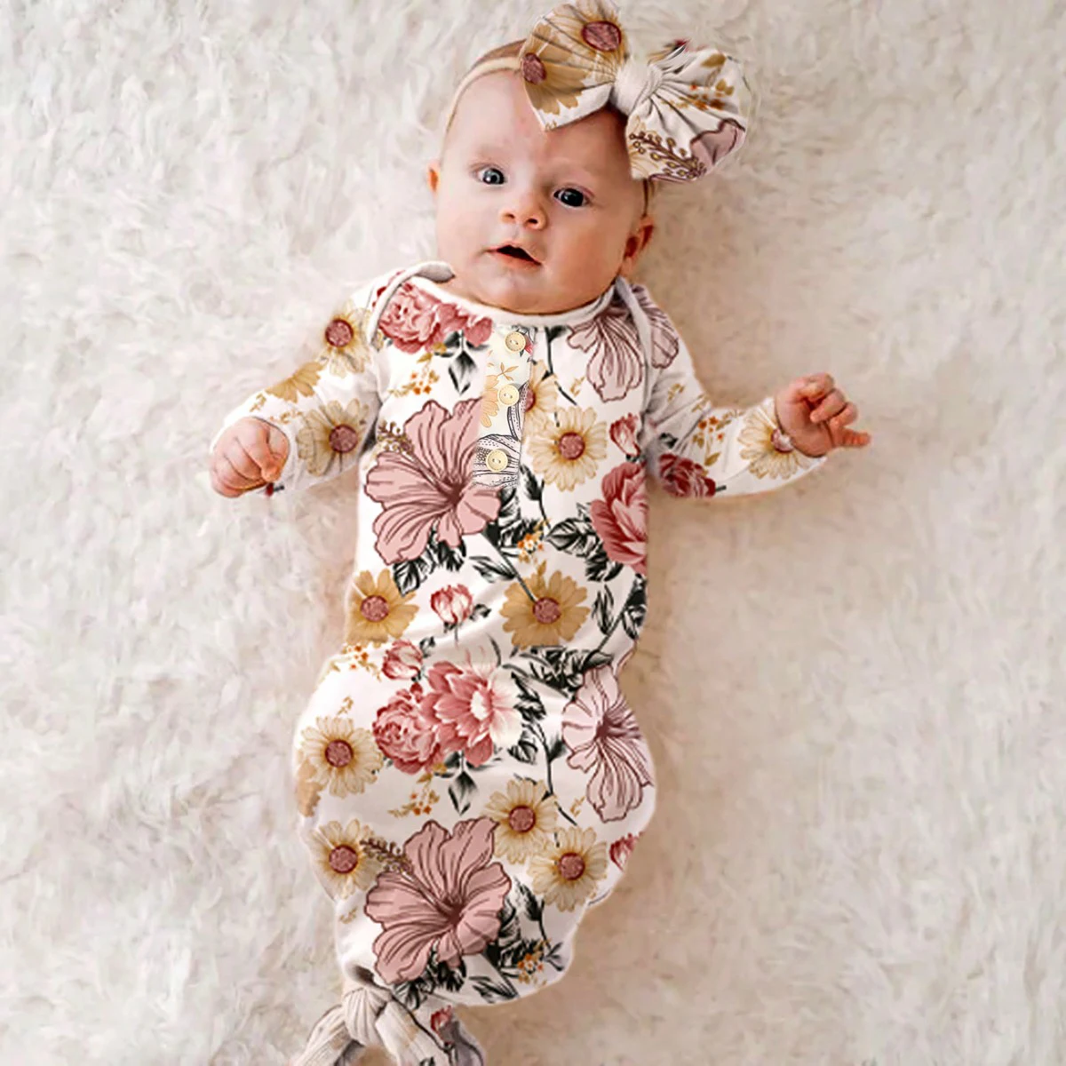 Ylsteed Newborn Gown Photography Props Baby Boy Stetch Buttons Photo Shoot Qutfits Infant Jumpsuit With Sleeping Hat